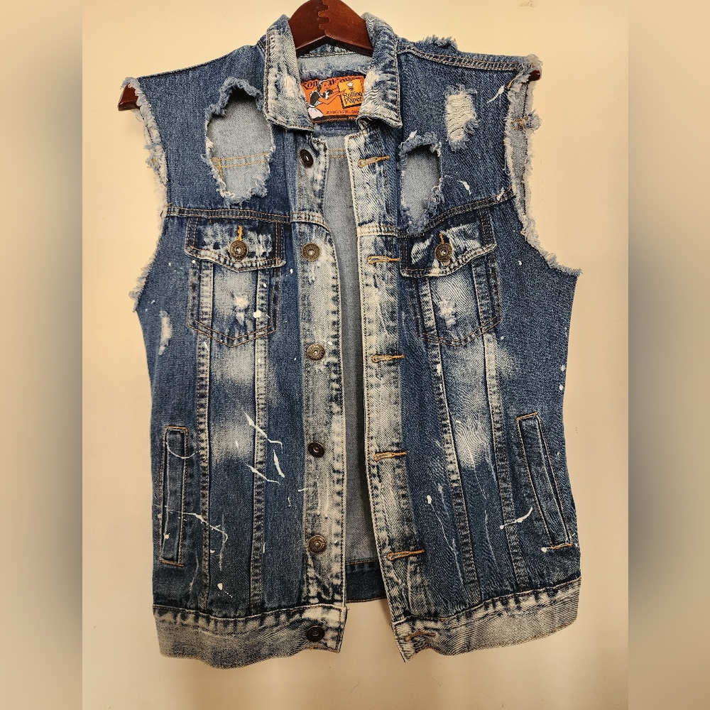 Rolling Paper Distressed Button Down Denim Vest Moto Motorcycle Biker